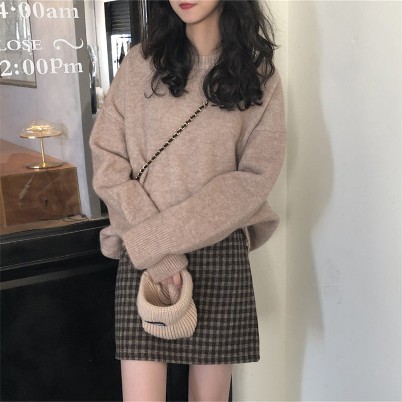 Women's Solid Color Casual Round Neck Pullover Outer Wear Korean Style Sweater