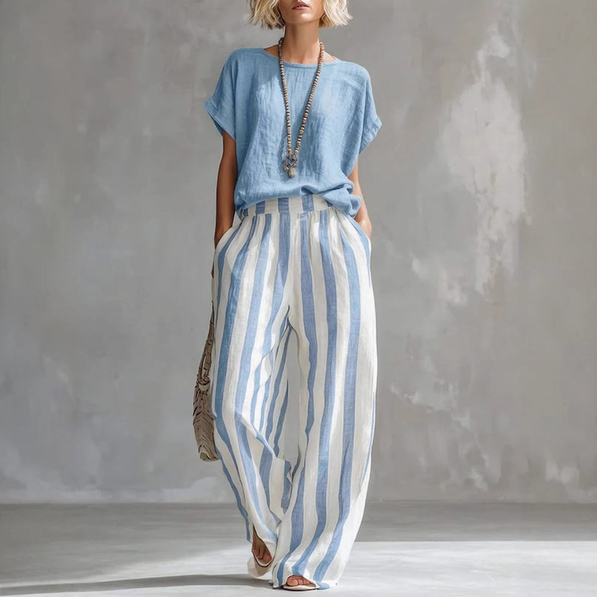 Women's Round Neck Straight Striped Trousers Fashion Casual Suit