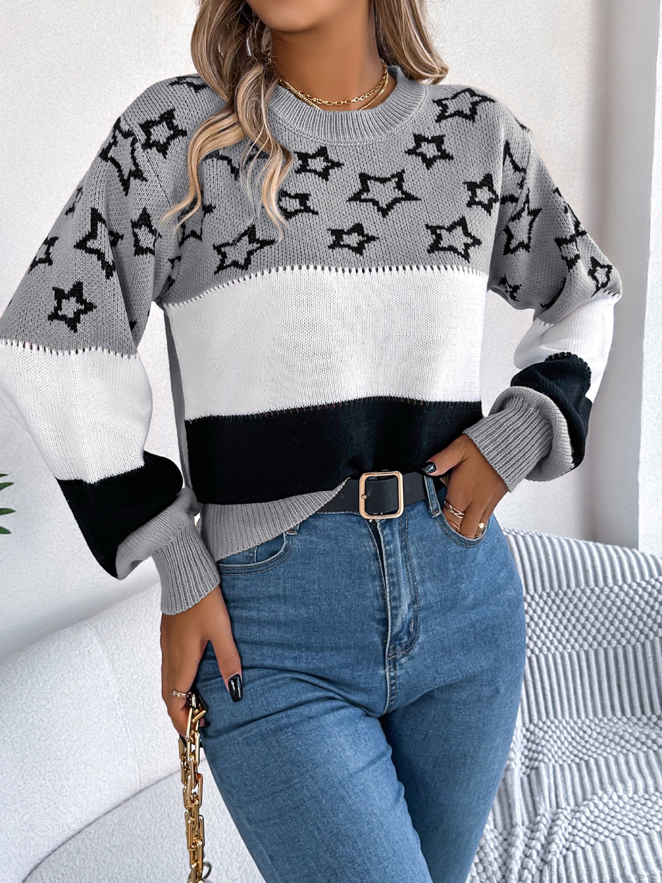 Women's Clearance Casual Contrast Color Star Hollow Sweater