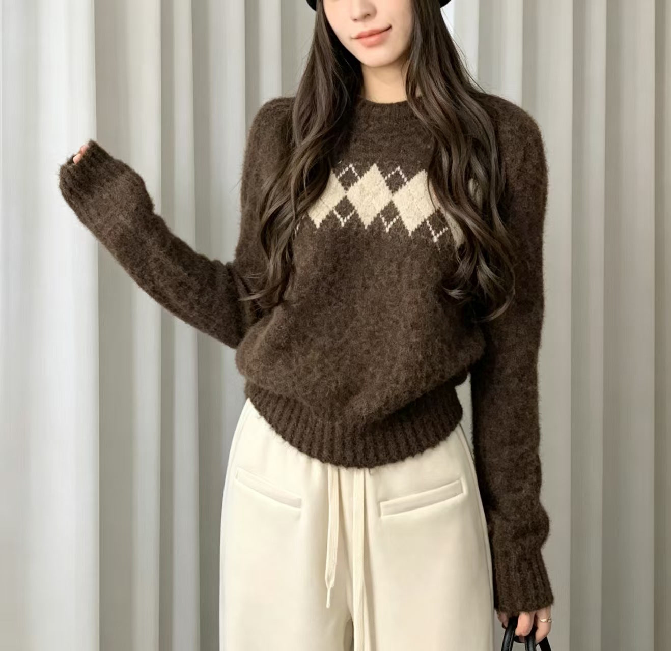 Women's Style Rhombus Jacquard Crew Neck Pullover Casual Women's Sweater