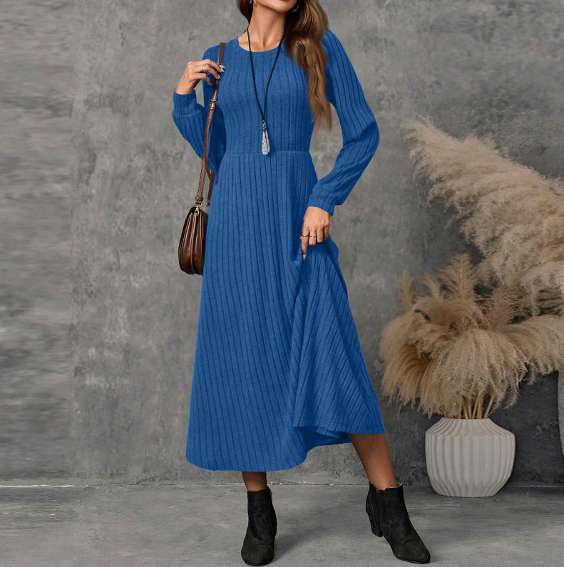 Ladies Fashion Round Neck Long Sleeve Solid Color Casual Sunken Dress