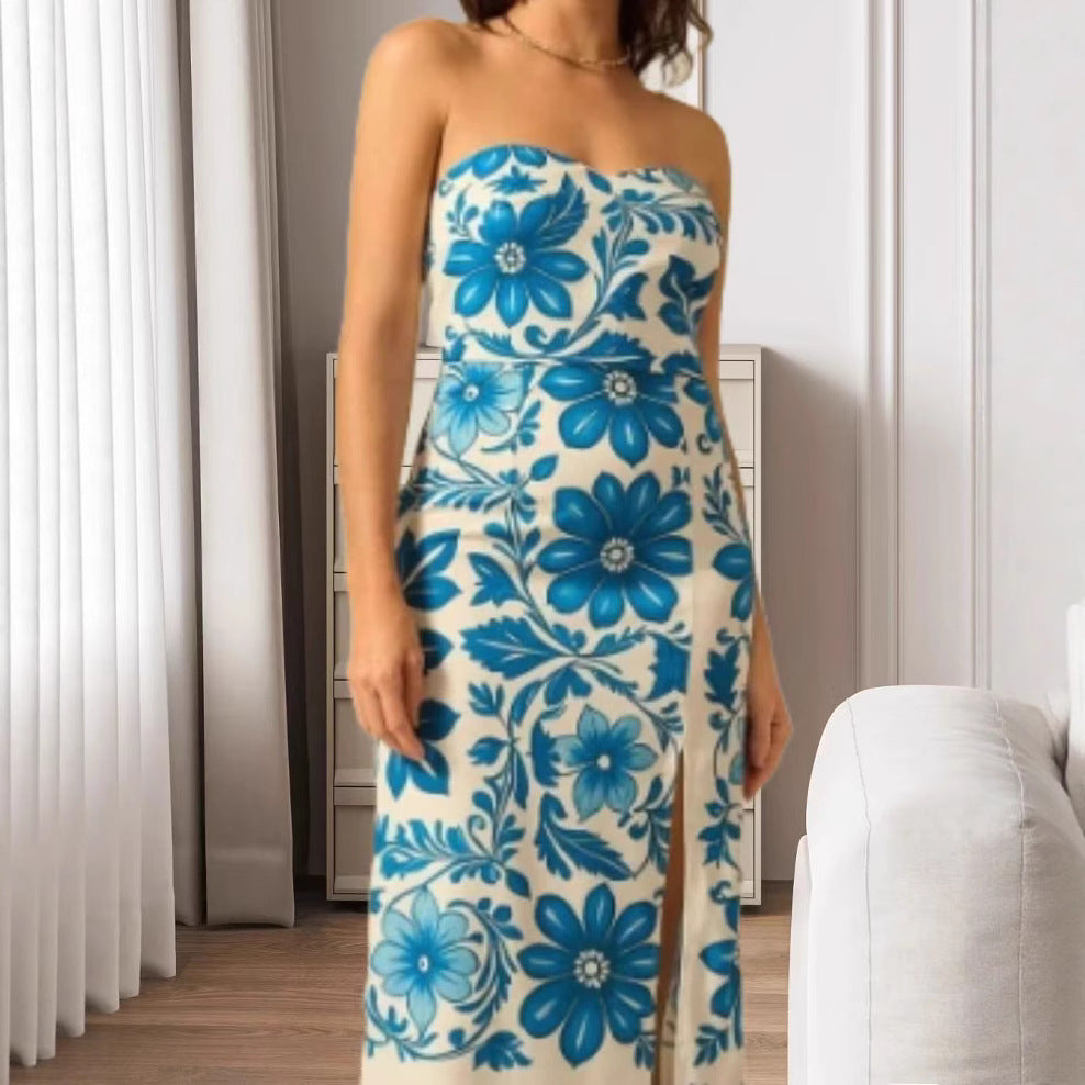 Stylish Summer Printed Chest Wrap Slit Dress