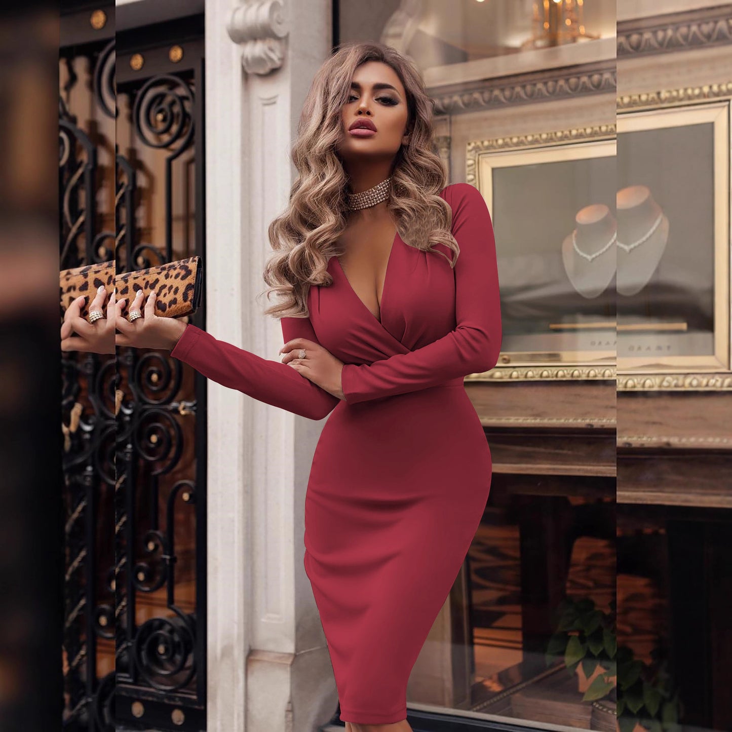 Women's Deep V Ruffle Hip Long Sleeve Dress