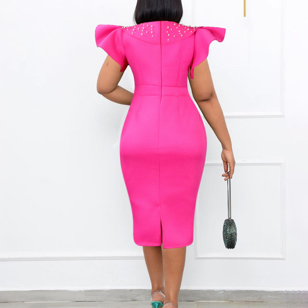 Women's Round Neck Ruffle Sleeve Slit Beaded Plus Size