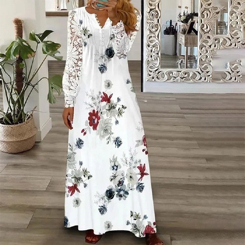 Women's Autumn Fashion Printed Lace Long-sleeved Clothing