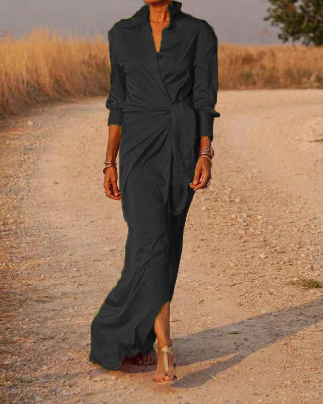 Women's Lace Up High Waist Slit Mop Long Sleeve Dress