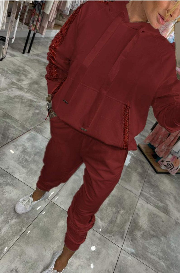 Women's Solid Color Sports Hoodie Stitching Sequin Suits