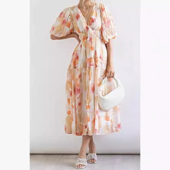 Women's Bohemian Floral Mid-length Dress Pleating Beach Dresses