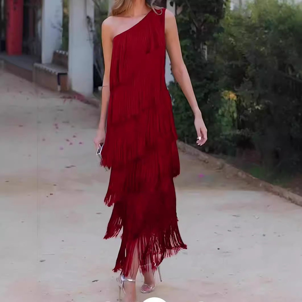 Trendy Fashion Tassel Shoulder Asymmetric Dress Dresses