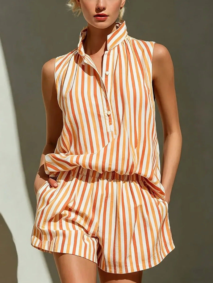 Women's Stand Collar Striped Shirt Elastic Wide Leg Fashion Casual Suit