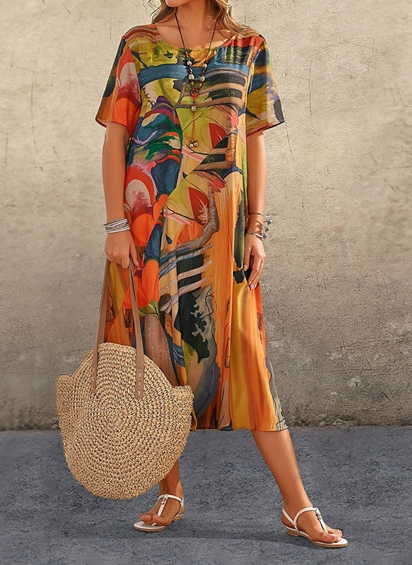 Casual Printing Summer Short-sleeved Waist Round Neck Loose Dress