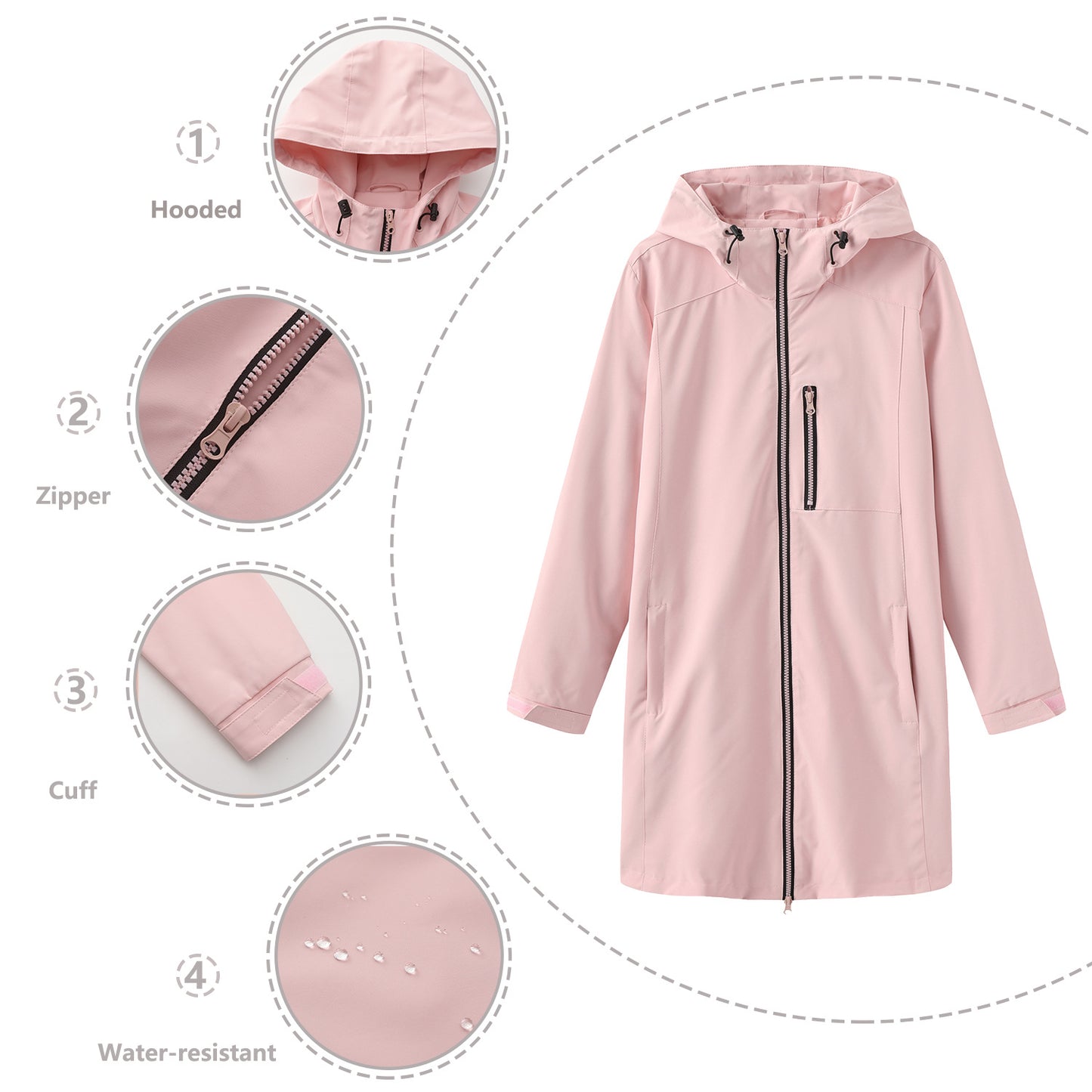 Women's Waterproof Windbreaker Hooded Long Sleeve Loose Coats