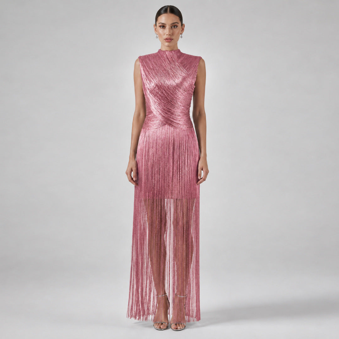 Women's Sleeveless Sier Tassel Bandage Banquet Party Dress