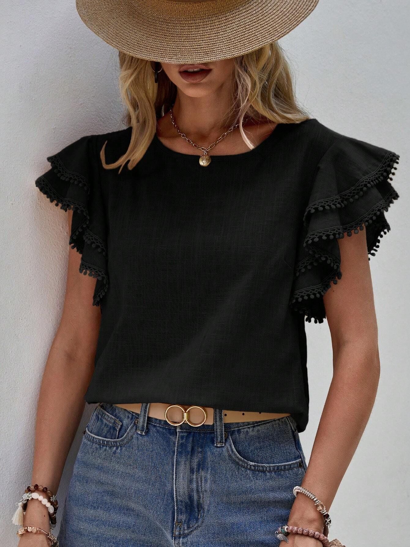 Women's Neck Summer Loose Shirt Lotus Leaf Batwing Tops