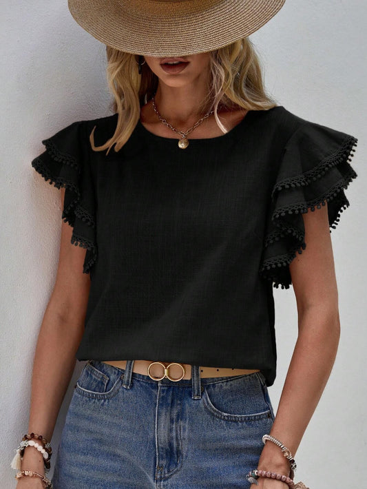 Women's Neck Summer Loose Shirt Lotus Leaf Batwing Tops