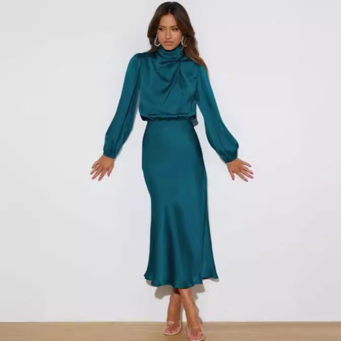 Women's High-grade Satin Long Sleeve Elegant Footwear Dresses