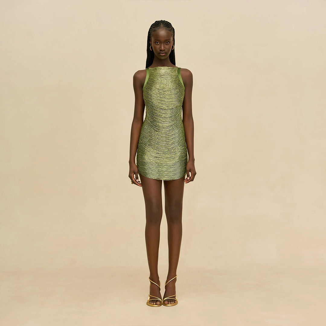 Bandage Metallic Yarn Tassel Sleeveless Slim Fit Dress