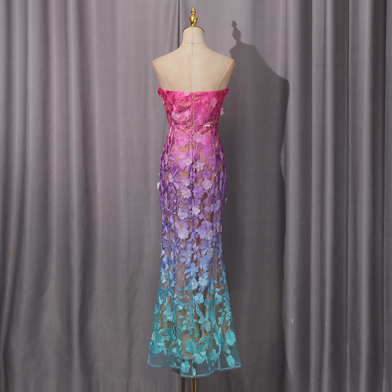 Women's Break Dress Summer Embroidered Flower Gradient Dresses