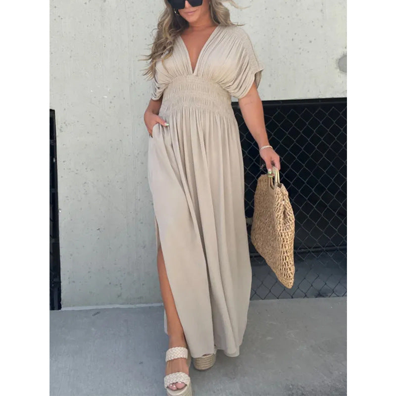 Color Bat Sleeve Elastic Waisted Slimming Dresses