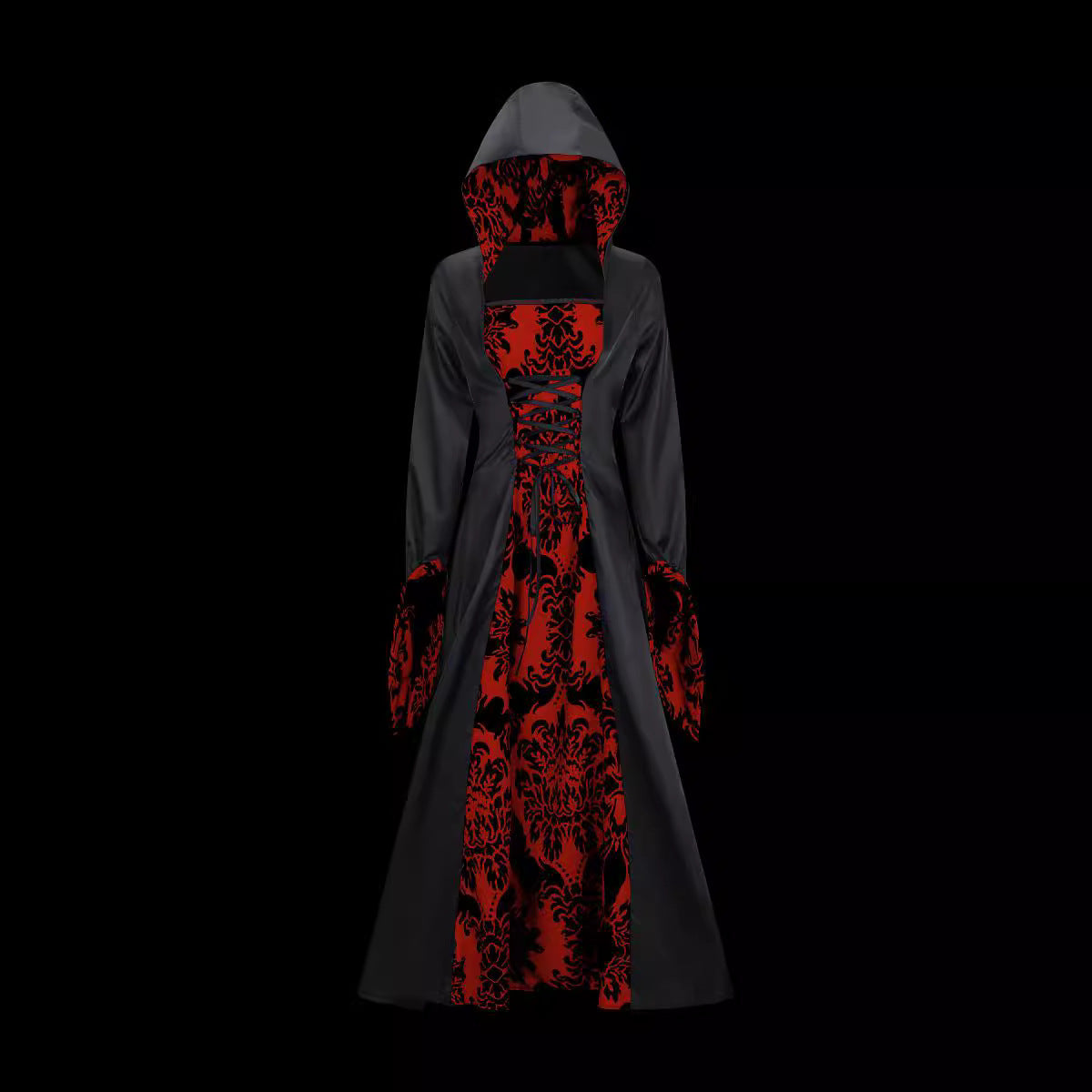 Retro Palace Style Long Sleeve Hooded Wide Hem Printed Dress