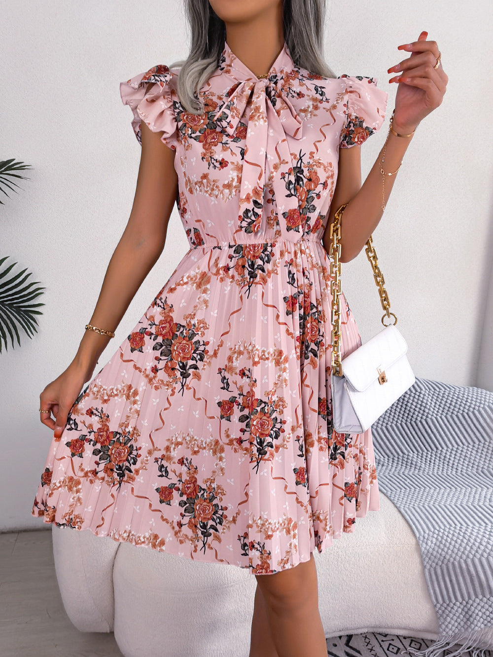 Women's Dignified Flowers Large Hem Pleated Dress