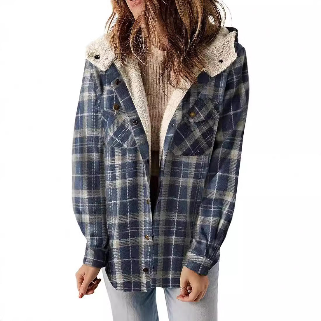 Women's Long-sleeved Plaid Woolen Hooded Lamb Wool Sweaters