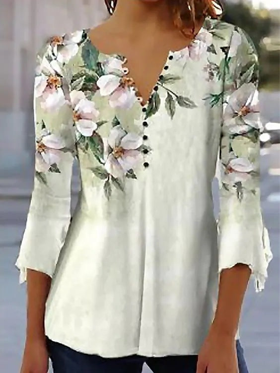 Women's Digital Printing Button T-shirt Flared Sleeves Clothing
