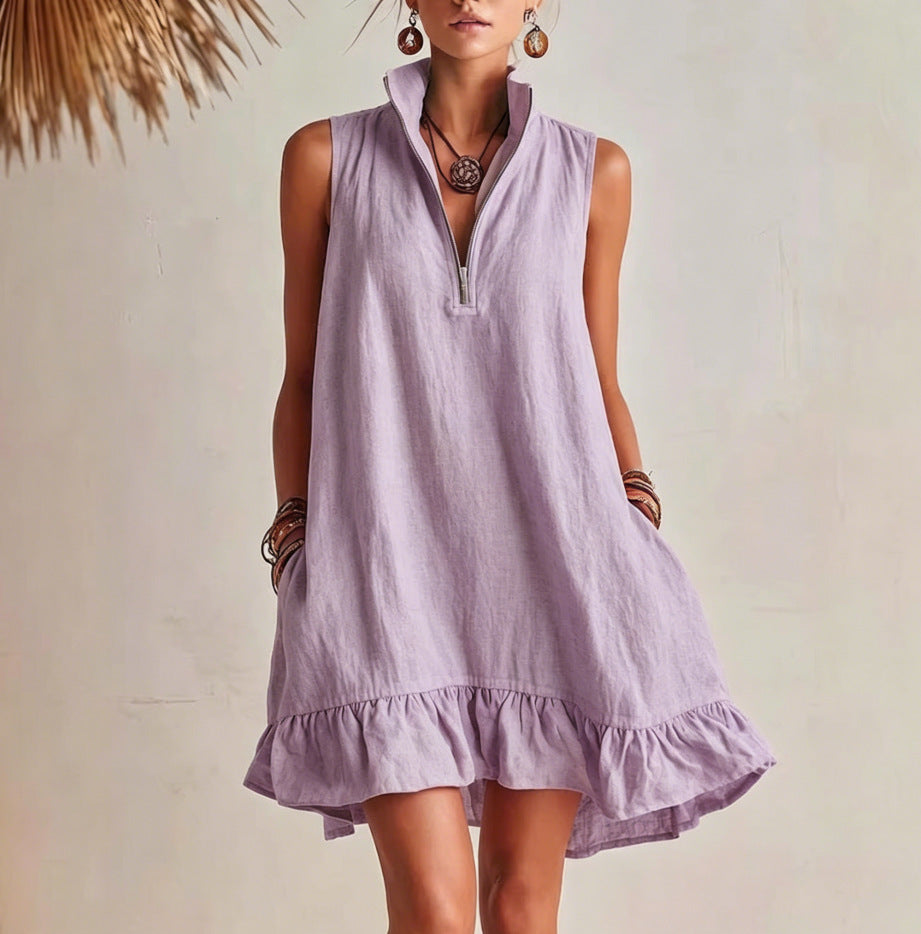 Women's Casual Loose Lotus Leaf Half Zip Dress