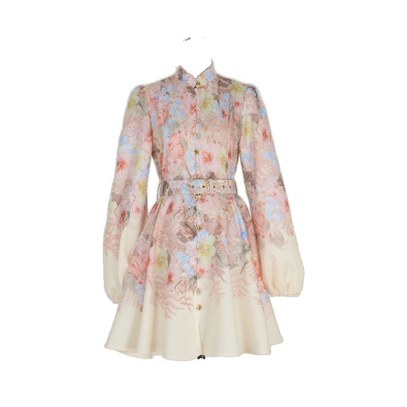 Design High Version Single-breasted Stand-up Collar Puff Sleeve Dresses