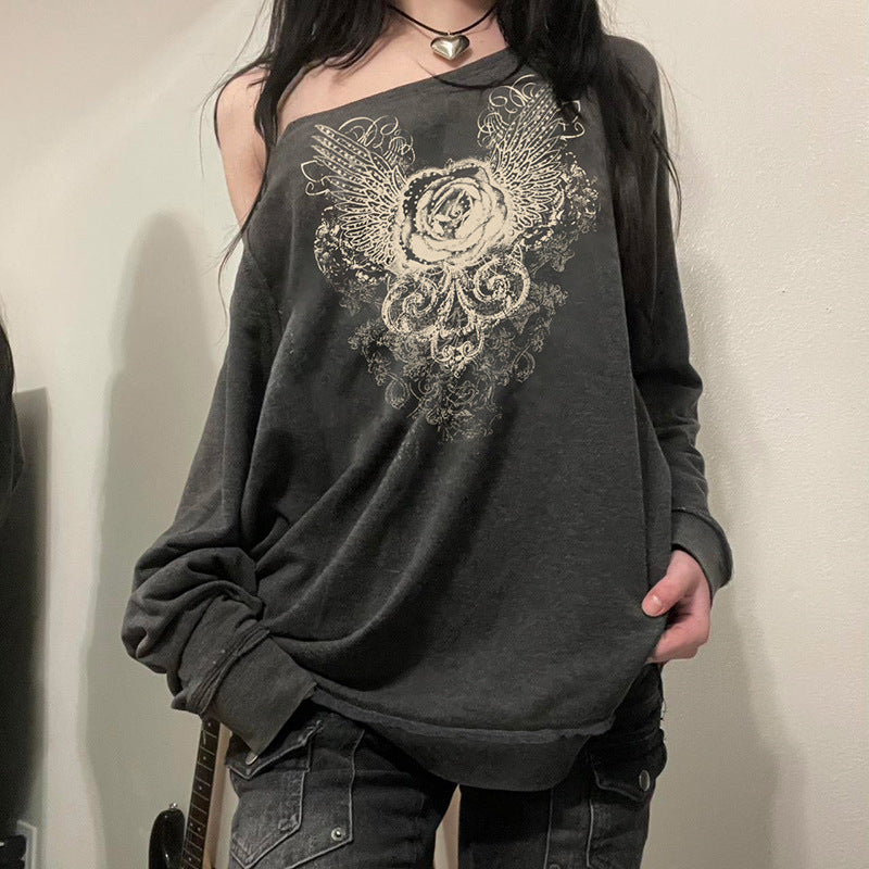 Women's Dark Retro Printed Shoulder Loose Pullover American Blouses