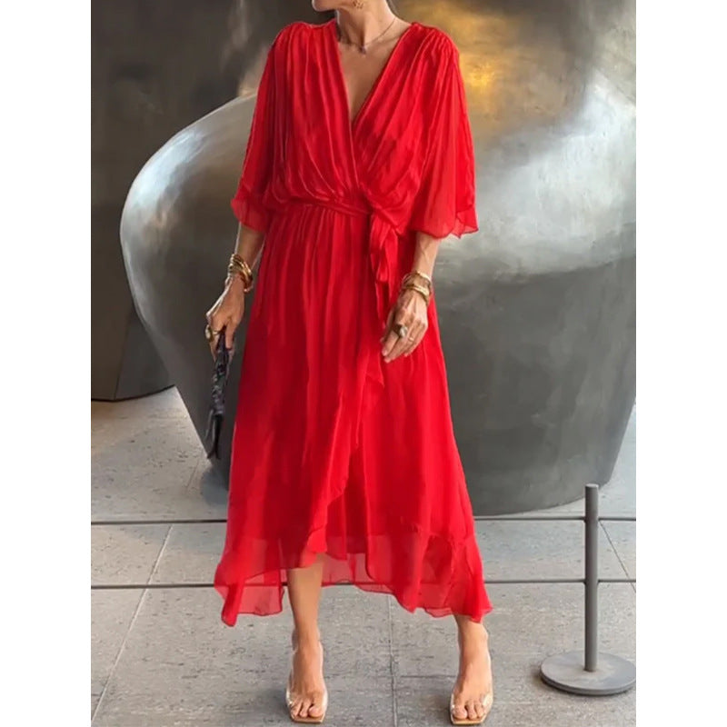 Women's Pure Color Tied Long Batwing Sleeve Dress