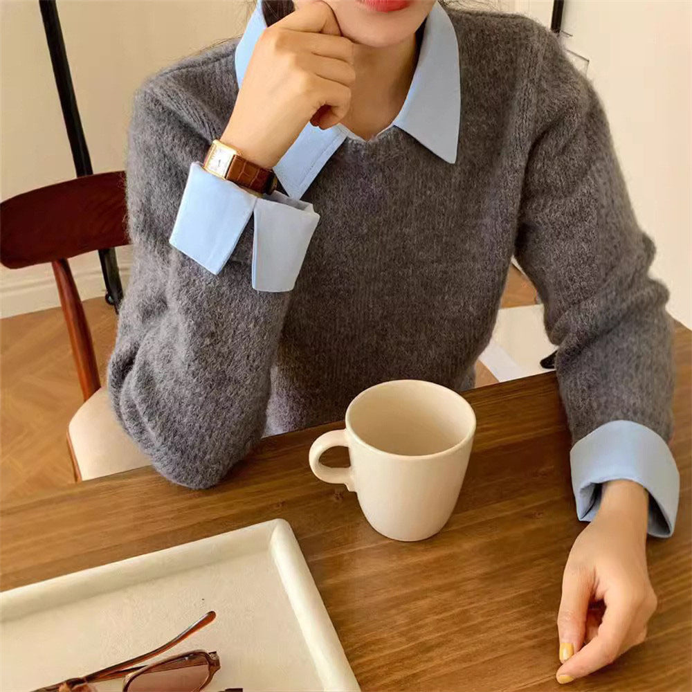 Women's Stitching Shirt Collar Fake Two-piece Knitted Sweater
