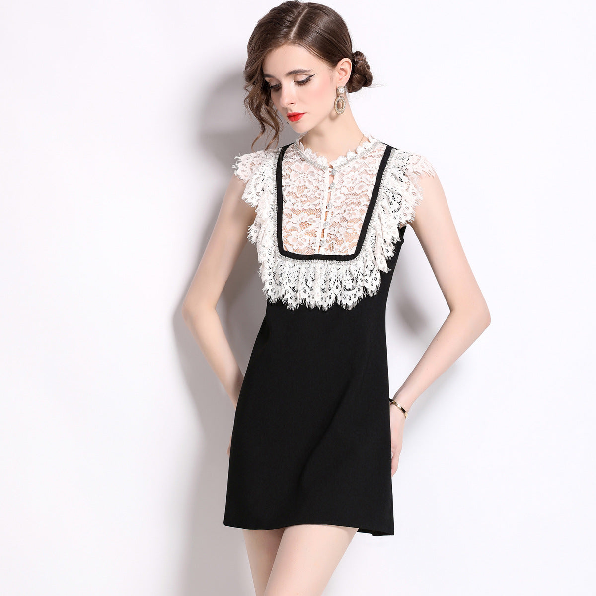 Collar Water Soluble Lace Rhinestone Sleeveless Color-matching Dresses