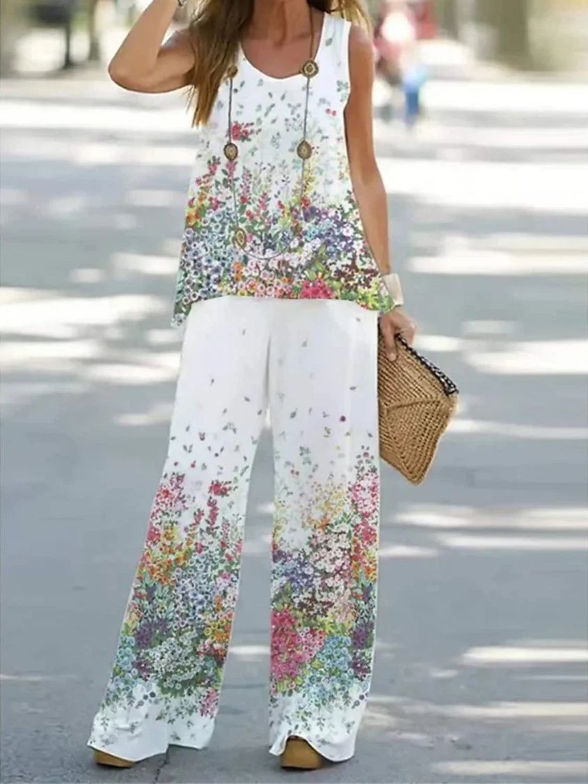Women's Color Printed Casual Sleeveless T-shirt Trousers Suits