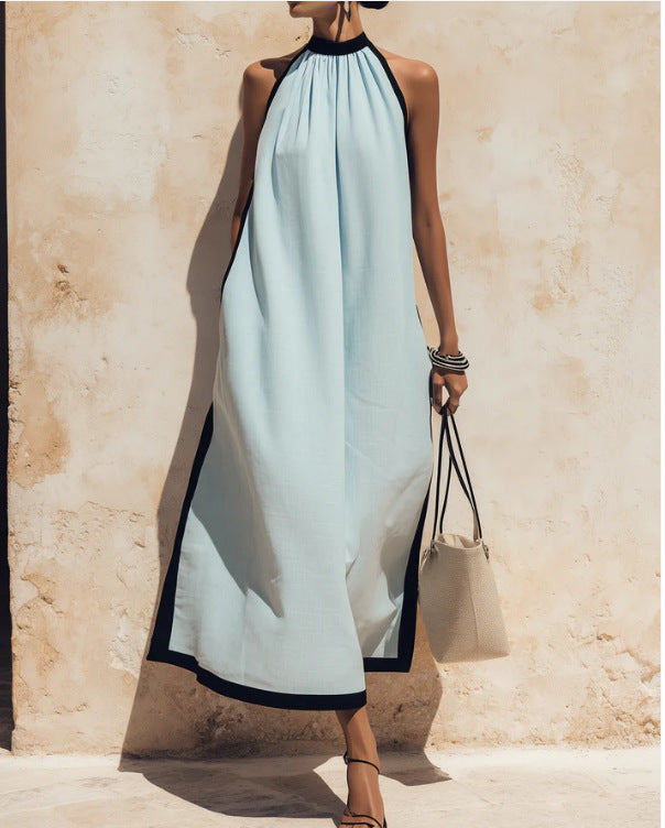 Women's Vacation Style Idle Travel Cotton Linen Contrast Dress