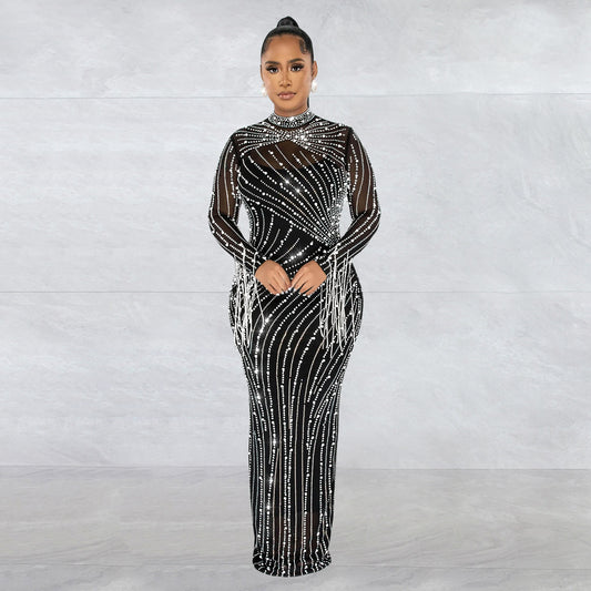 Women's Hot Drilling Long Sleeve Dress Lining Dresses