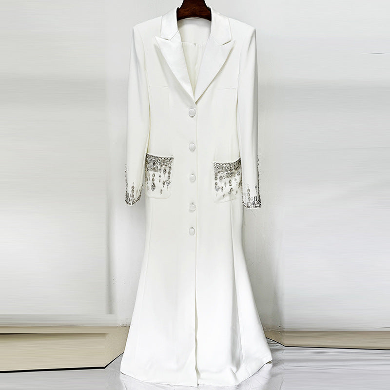 Fashion Bead Diamond Tailored Collar Long Dress