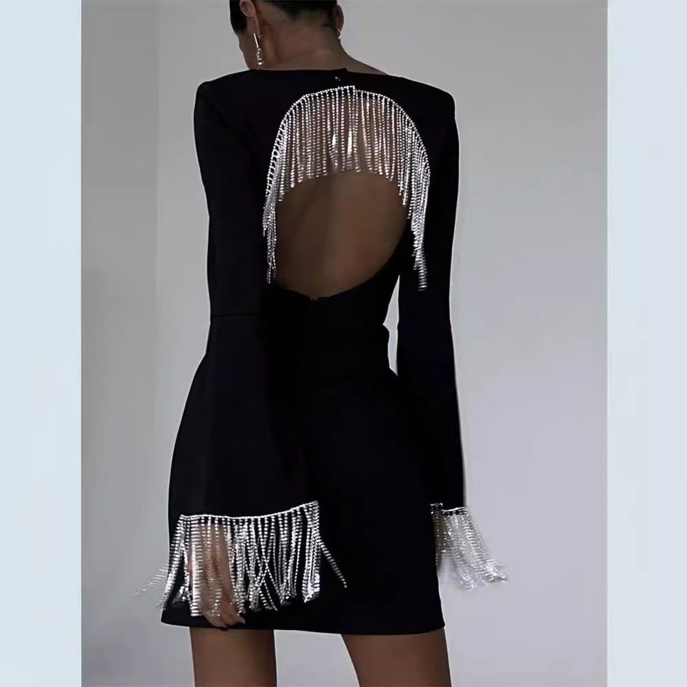 Fashion Back Hollow Bell Sleeve Black Dress