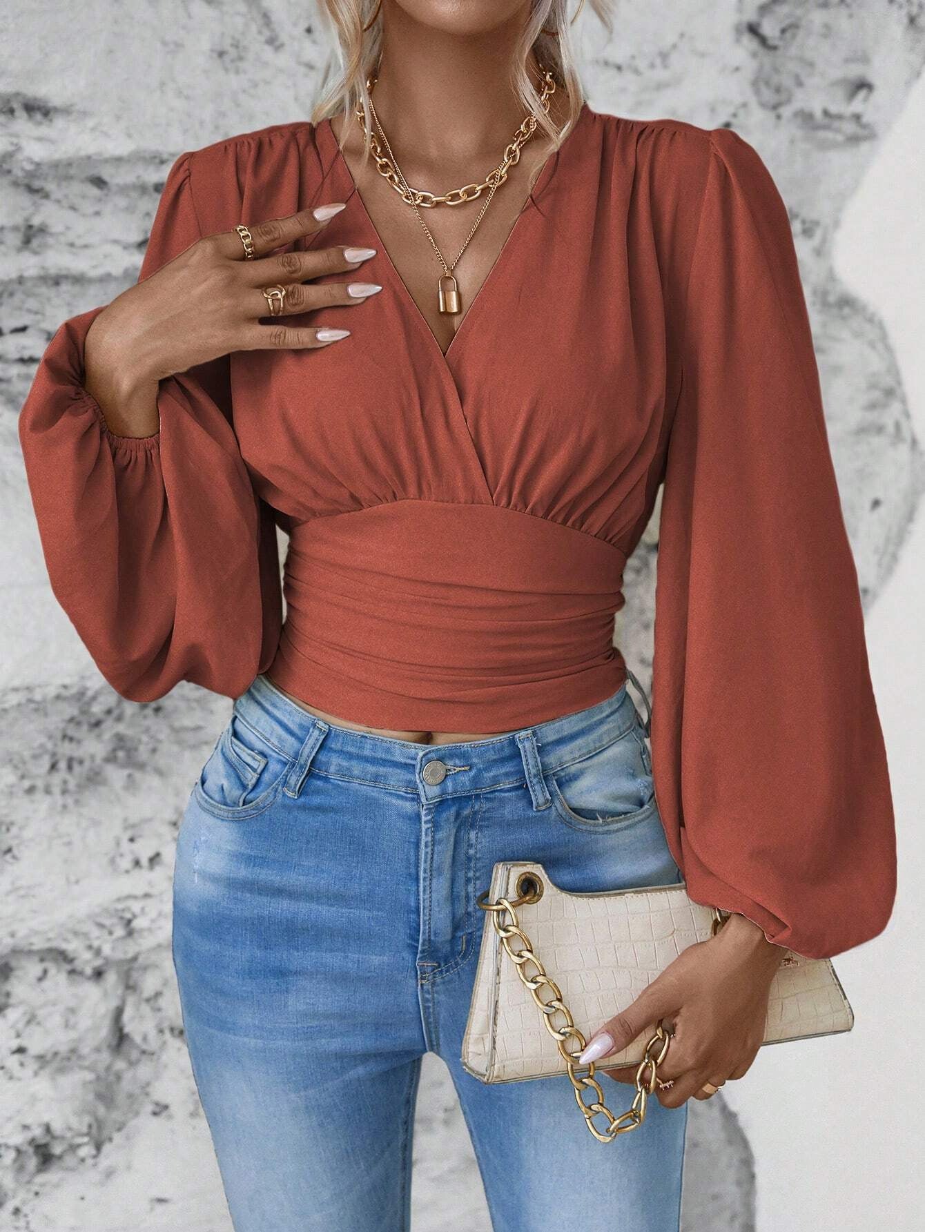 Women's Fashion Tight Waist Sleeve Solid Color Blouses