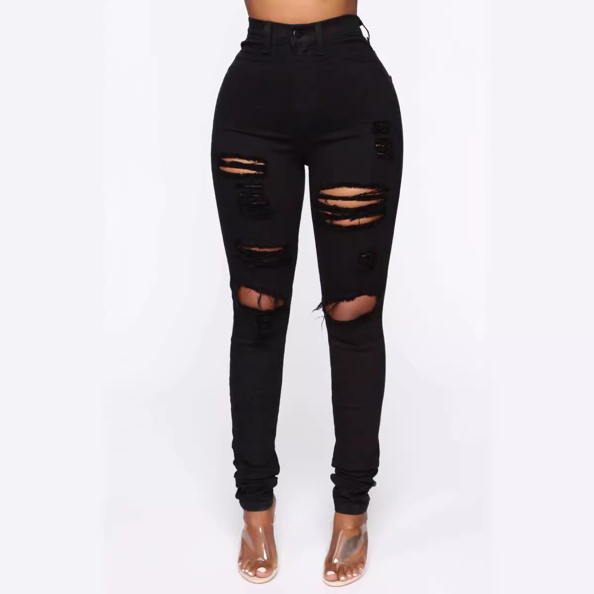 Women's Black White Stretch Ripped For Skinny Jeans
