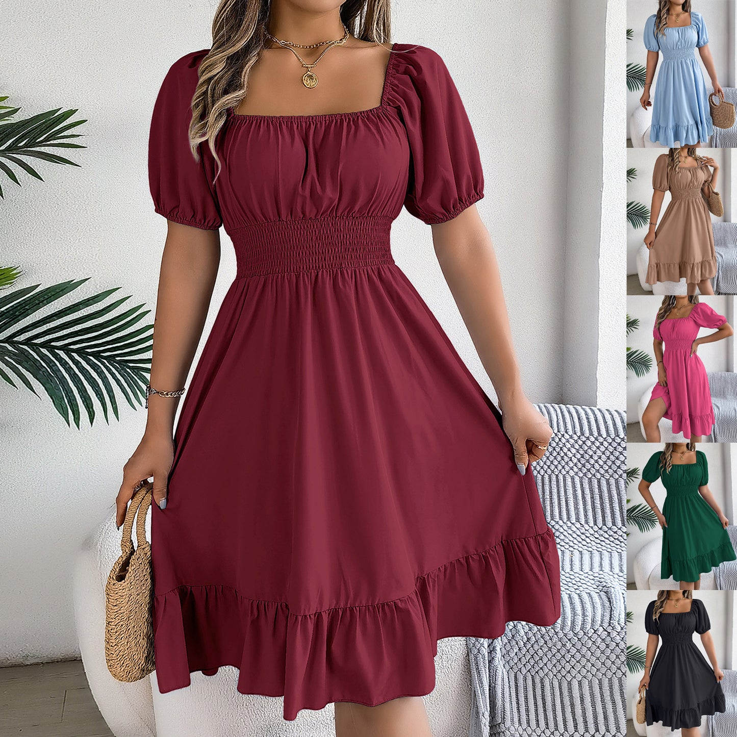 Women's Casual Square Collar Sleeve Waist Trimming Ruffles A- Dress