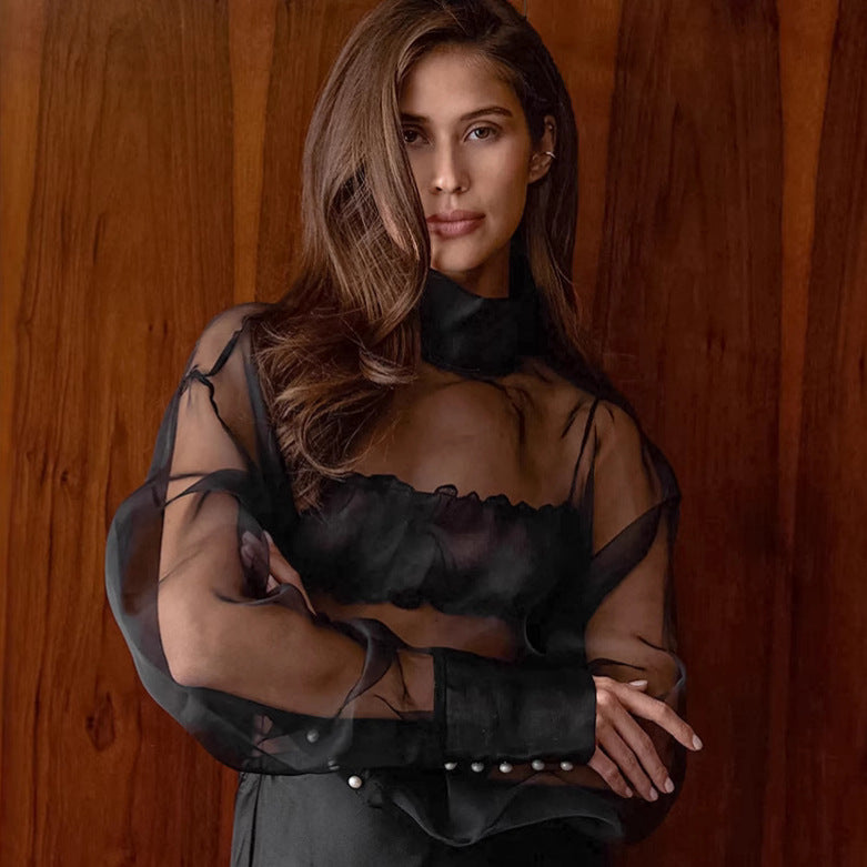 Women's Sexy Mesh High-grade Long-sleeved Shirt Fashion Blouses