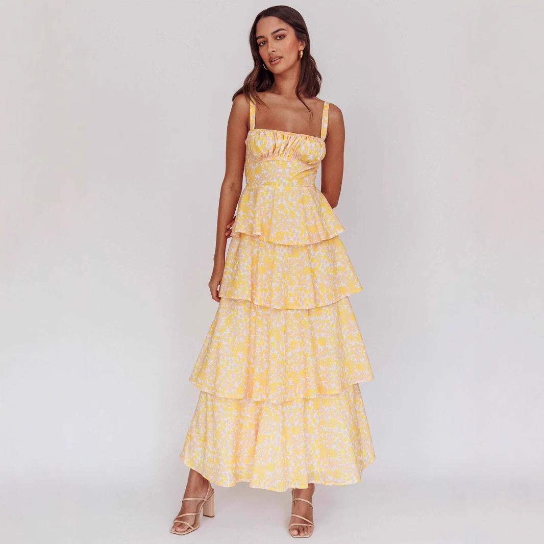 Women's Waist Trimming Spaghetti Straps Printed Long Dresses