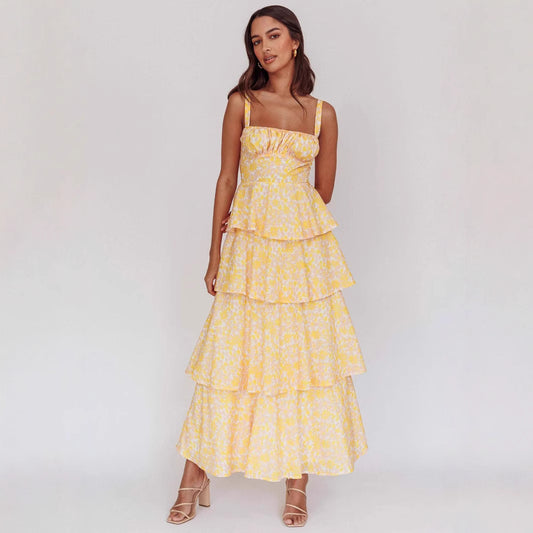 Women's Waist Trimming Spaghetti Straps Printed Long Dresses