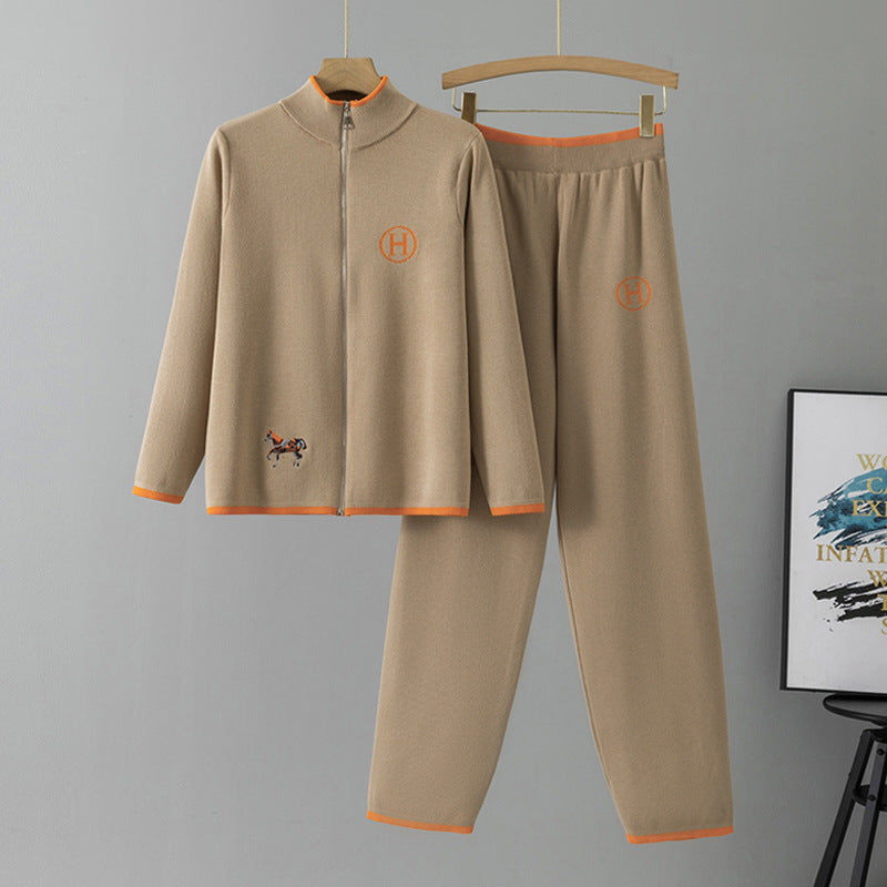 Women's Knitting Creative Horse Embroidery Long Sleeve Casual Trousers Suits