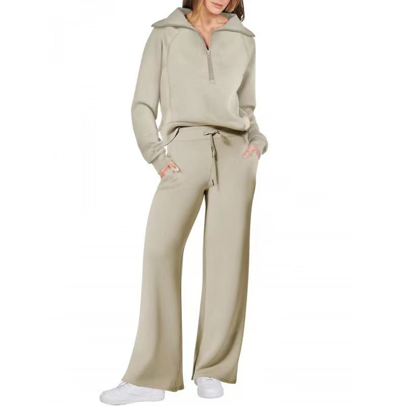 Women's Exercise Zipper Sweatshirt Wide Leg Pants