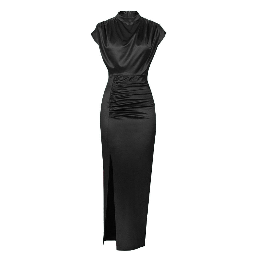Turtleneck Satin Solid Color Slit Hemline Style Dress
