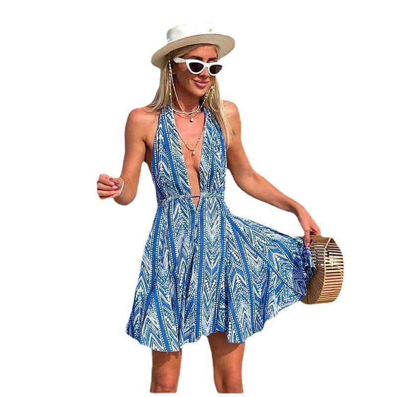 Women's Vacation Style Hot Sexy Backless Collar Printed Dress