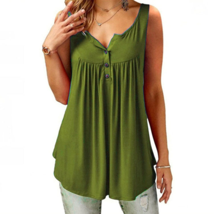 Women's Summer Solid Color Pleating Sleeveless Casual Blouses