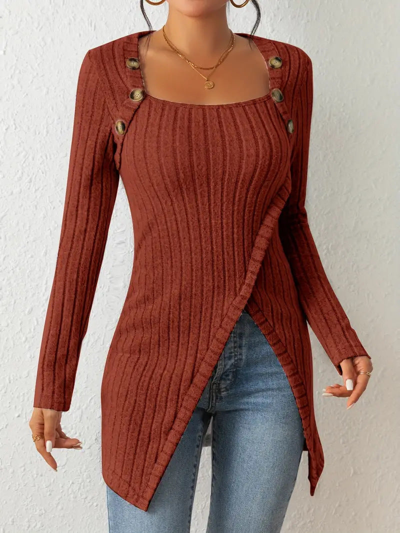 Women's Long Sleeve Knitted Square Collar Irregular Tops